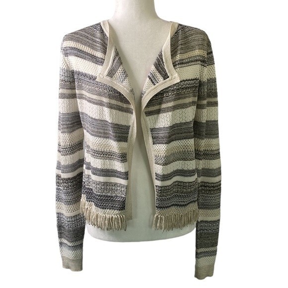 White House Black Market Striped Mix Stitch Sweater Jacket Cardigan Fringe Hem - Picture 3 of 16